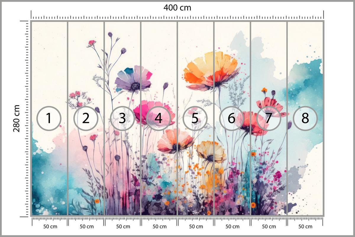 FOTOTAPETE für Schlafzimmer Abstrakte Bunte Wiesenblumen Aquarell 400x280 - Türkis/Rot, Papier (400/280cm) - Muralo