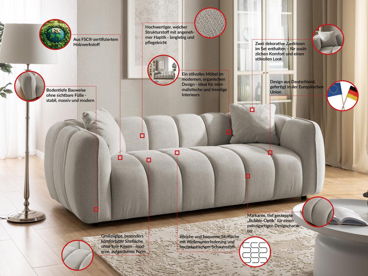 SITZGARNITUR 3+1 Nubira in tief gesteppter Bubble-Optik aus weichem Taupe Strukturstoff im modernen Design - Taupe/Schwarz, Holz/Kunststoff (228/69/89cm) - S-Style Möbel