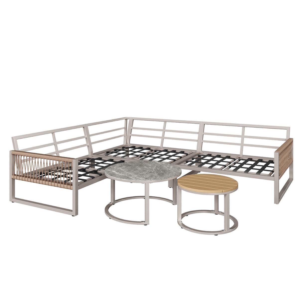 LOUNGEGARNITUR 5-tlg Beige Metall & Seil Ecksofa für 6–7 Personen mit 2 Couchtischen - Beige, Metall - Urban Meuble