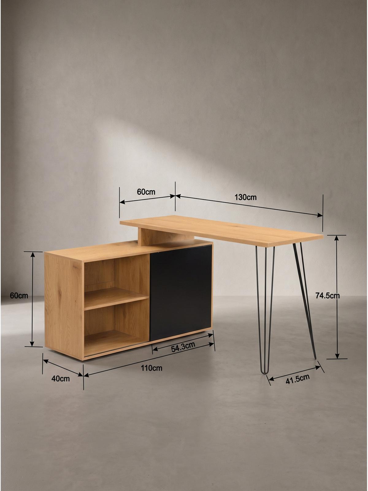 SCHREIBTISCH BRADANO, MDF, mit Ablagen, Eiche-Schwarz, 130 x 110 x 74,5 cm - Schwarz/Braun, Holzwerkstoff/Metall (110/130/74.5cm) - KADIMA DESIGN