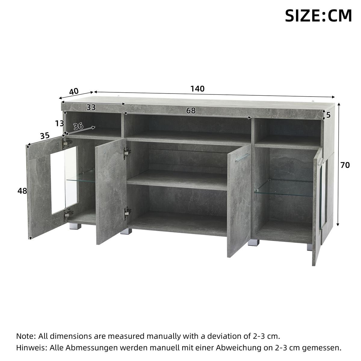 SIDEBOARD mit 3 Fächern und LED Grau - Grau, Glas/Holzwerkstoff (40/70/140cm) - Urban Meuble