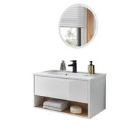 BADMÖBEL-SET weiß Hochglanz, Eiche 80 cm 2-teilig mit Waschbecken und LED Beleuchtung - Weiß Hochglanz/Eichefarben, Glas/Holzwerkstoff (80/190/47cm) - Furn.Design