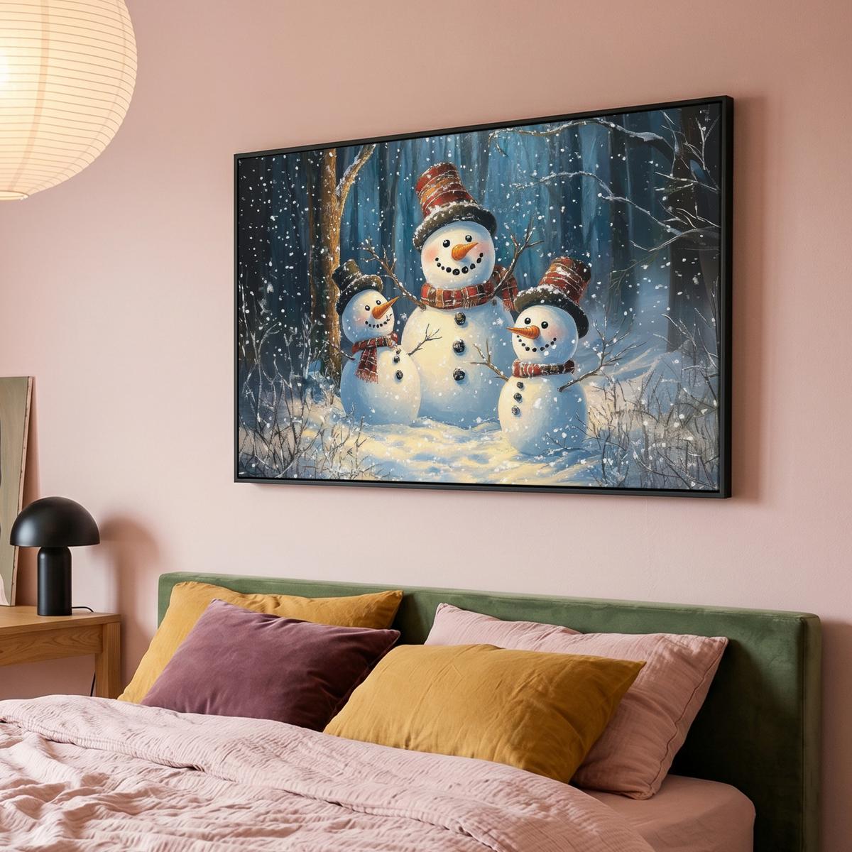 LEINWAND Bilder mit Rahmen - Schneemann - Schnee - Winter - Wald - 150x100 - Hellblau, Textil (150/100cm) - MuchoWow