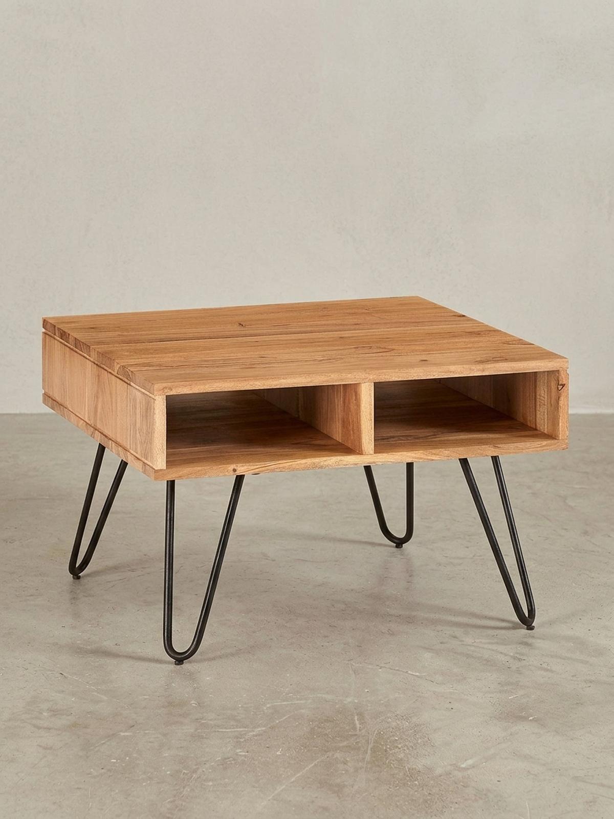 COUCHTISCH aus massivem Akazienholz mit Metallgestell und Stauraum im modernen Design - Beige/Schwarz, Holz/Metall (60/60/40cm) - KADIMA DESIGN