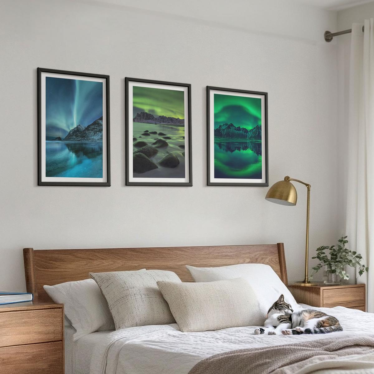 BILDER SET 3er Set - 40x60 cm Schwarzer Rahmen - Winterlandschaft der Aurora borealis - Schwarz, Kunststoff (40/60cm) - TULUP