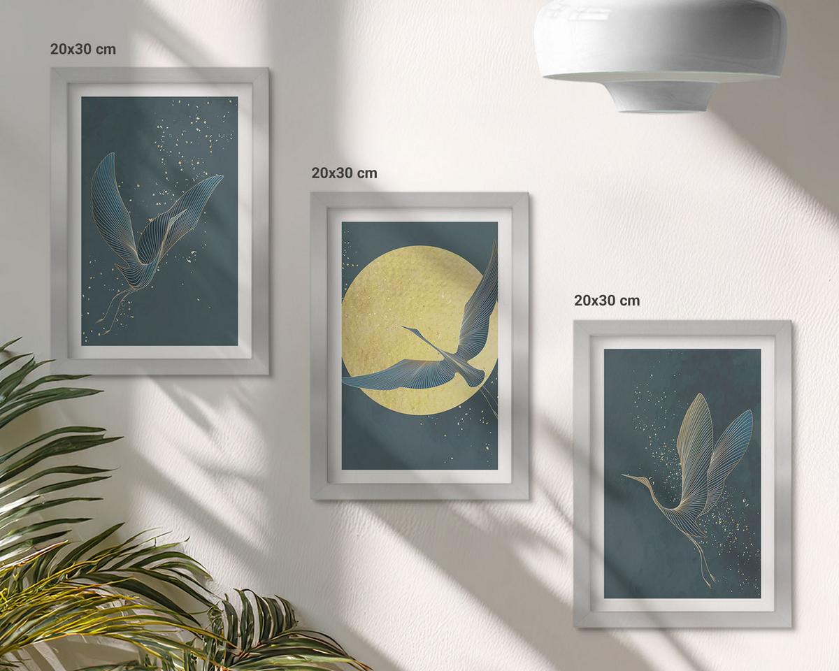 BILDER SET 3er Set - 20x30 cm Silberner Rahmen - Kraniche im Flug bei Nacht - Silberfarben, Kunststoff (20/30cm) - TULUP