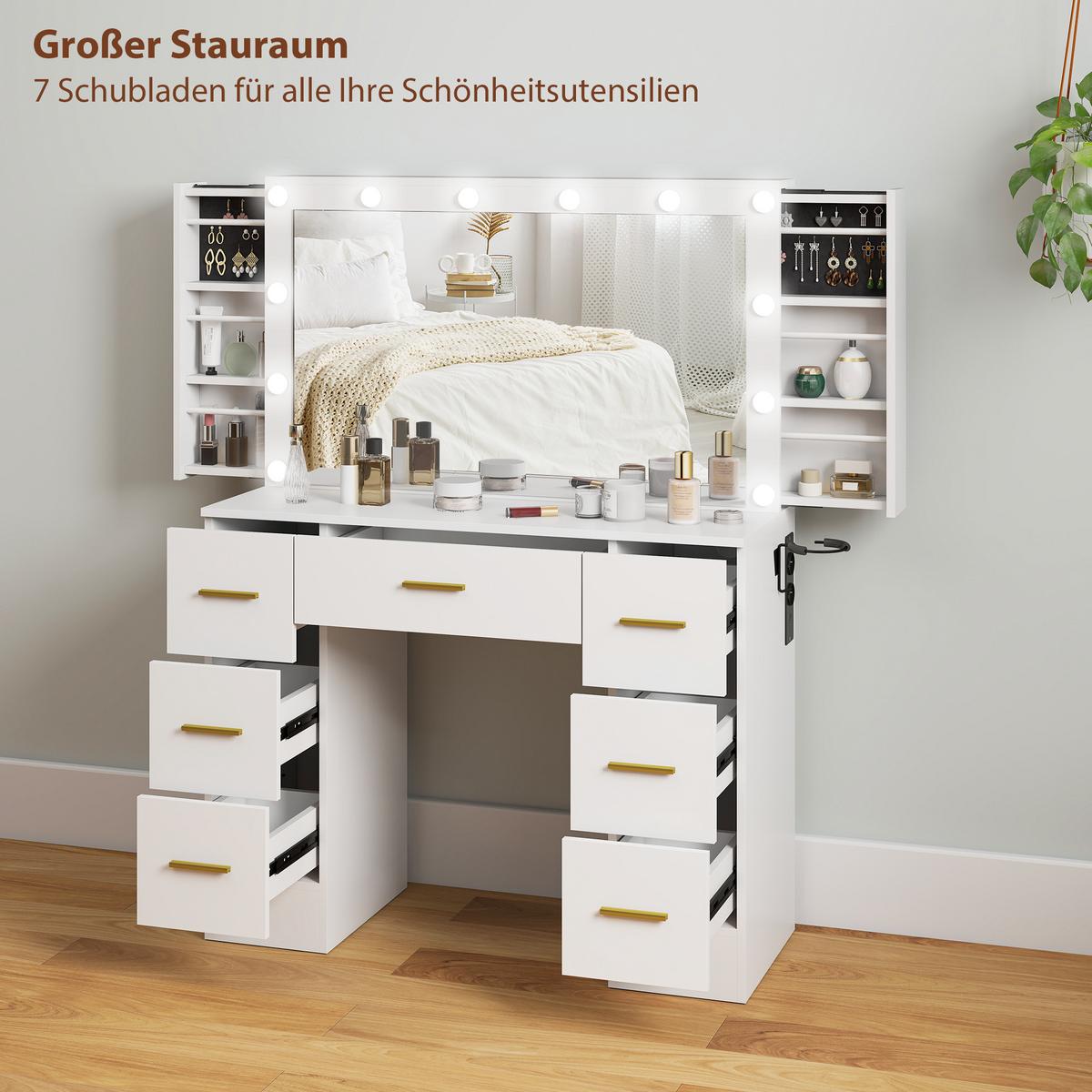 SCHMINKTISCH mit LED-Leuchten, Kosmetiktisch mit Spiegel, 7 Schubladen, Weiß - Goldfarben/Weiß, Holzwerkstoff/Metall (40/137/100cm) - HOMCOM
