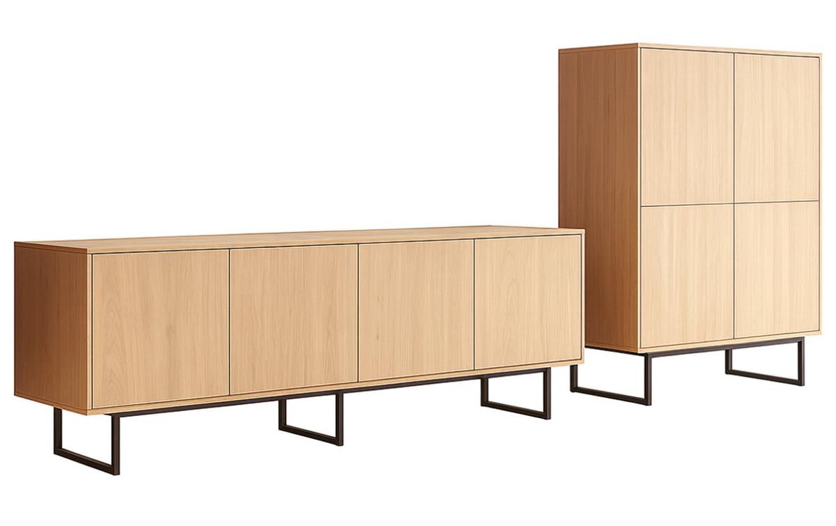 WOHNWAND in Eiche Dekor, Wohnzimmer Set mit TV Lowboard 200 cm und Highboard 4-türig, Push-To-Open - Eichefarben/Schwarz, Holzwerkstoff/Metall (330/137/40cm) - Furn.Design
