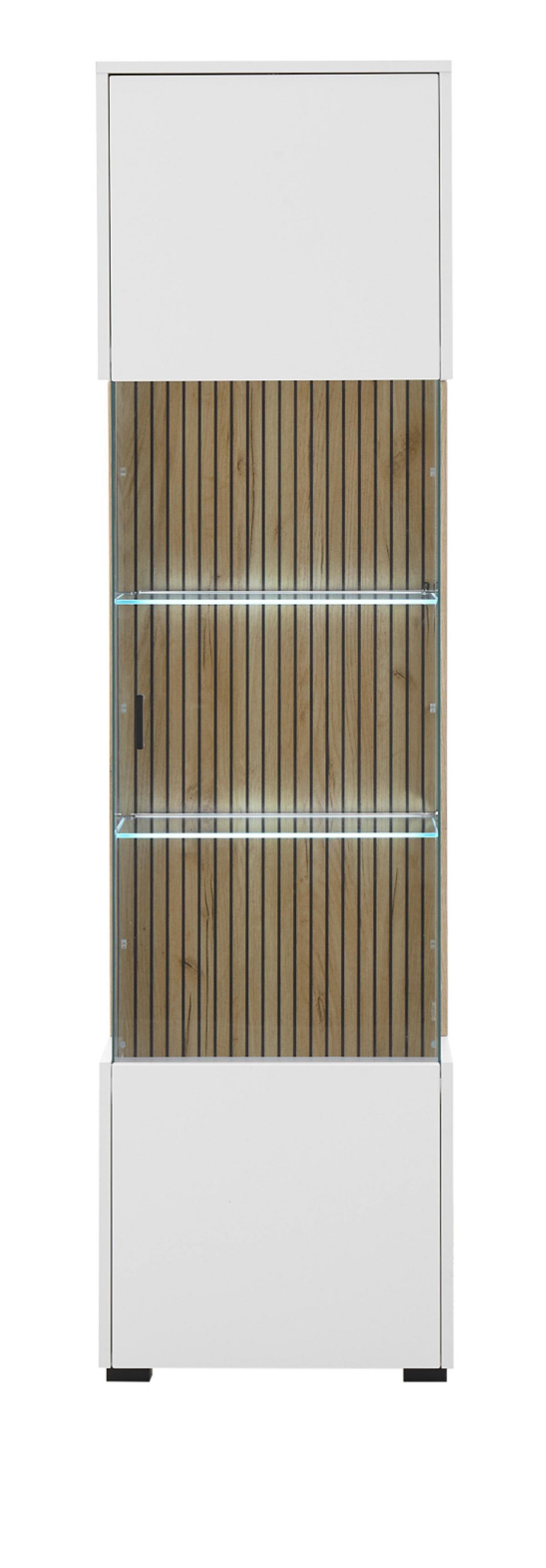 VITRINE weiß matt, Eiche 48 x 180 cm, Glasvitrine mit 5 Fächern und Soft-Close - Eichefarben/Schwarz, Glas/Holzwerkstoff (48/180/38cm) - Furn.Design