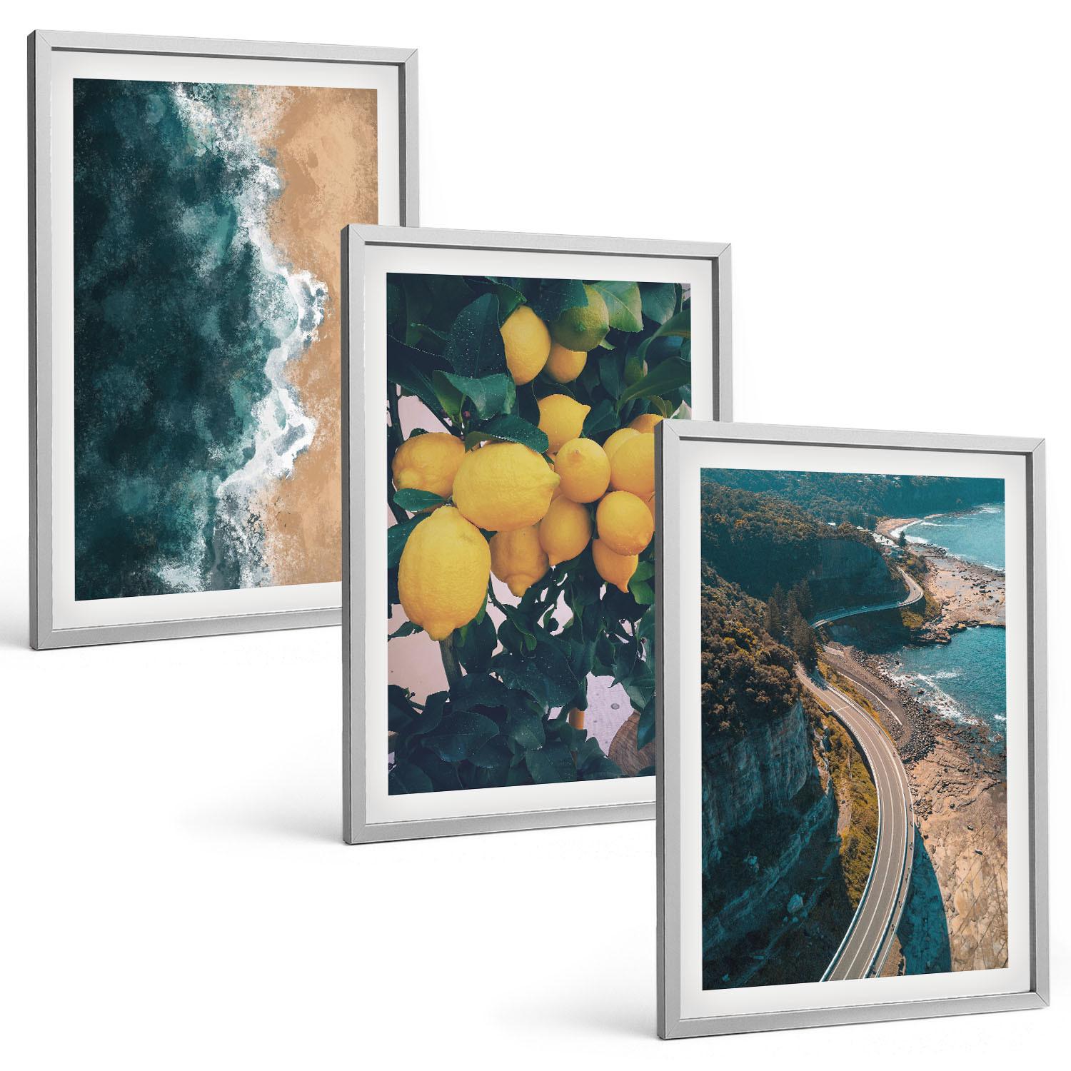 BILDER SET 3er Set - 40x60 cm Silberner Rahmen - Meerstrand Zitronen Berge - Silberfarben, Kunststoff (40/60cm) - TULUP