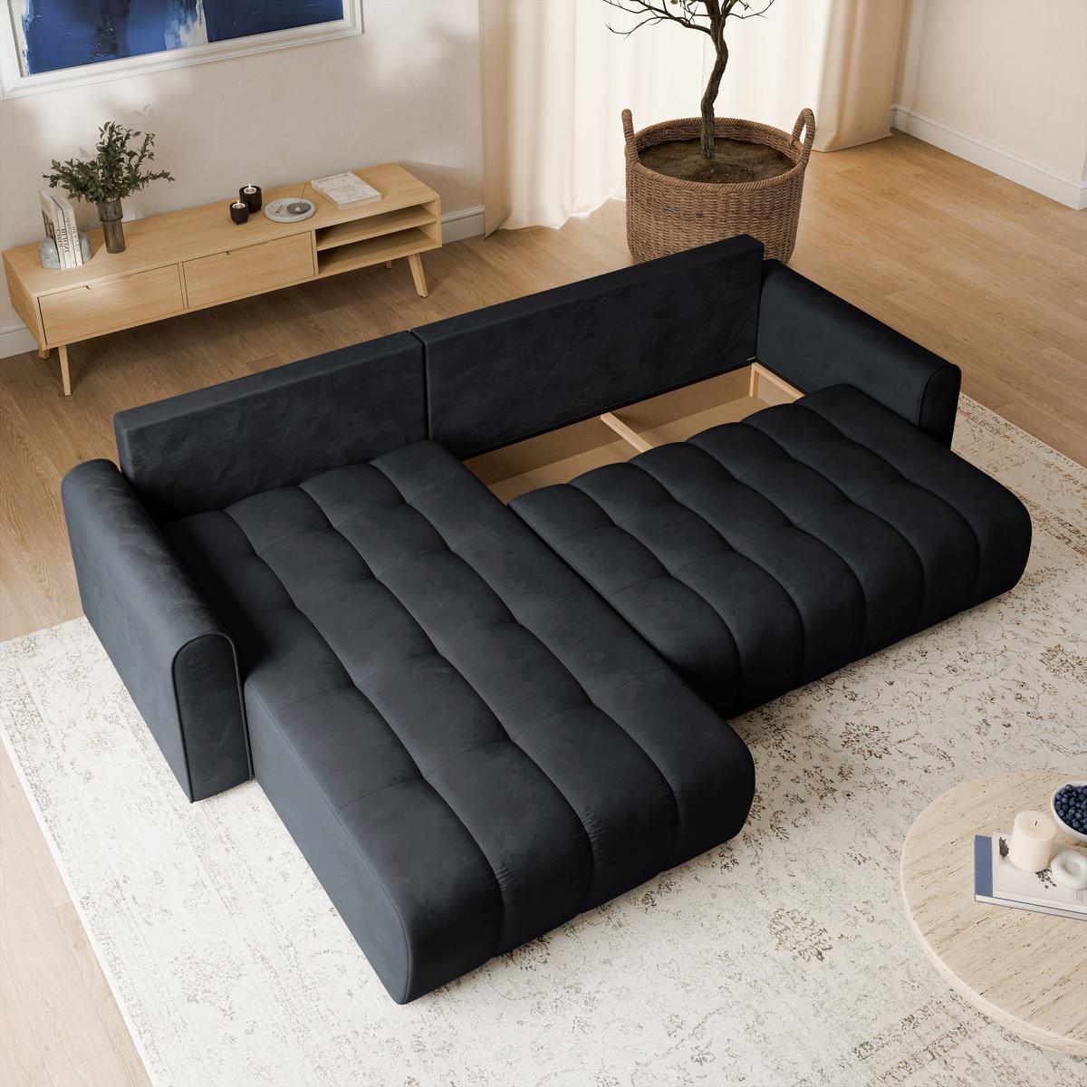 ECKSOFA FRIGA Schwarz Velours-Stoff mit Schlaffunktion - Schwarz, Holz (283/185cm) - MASSENO