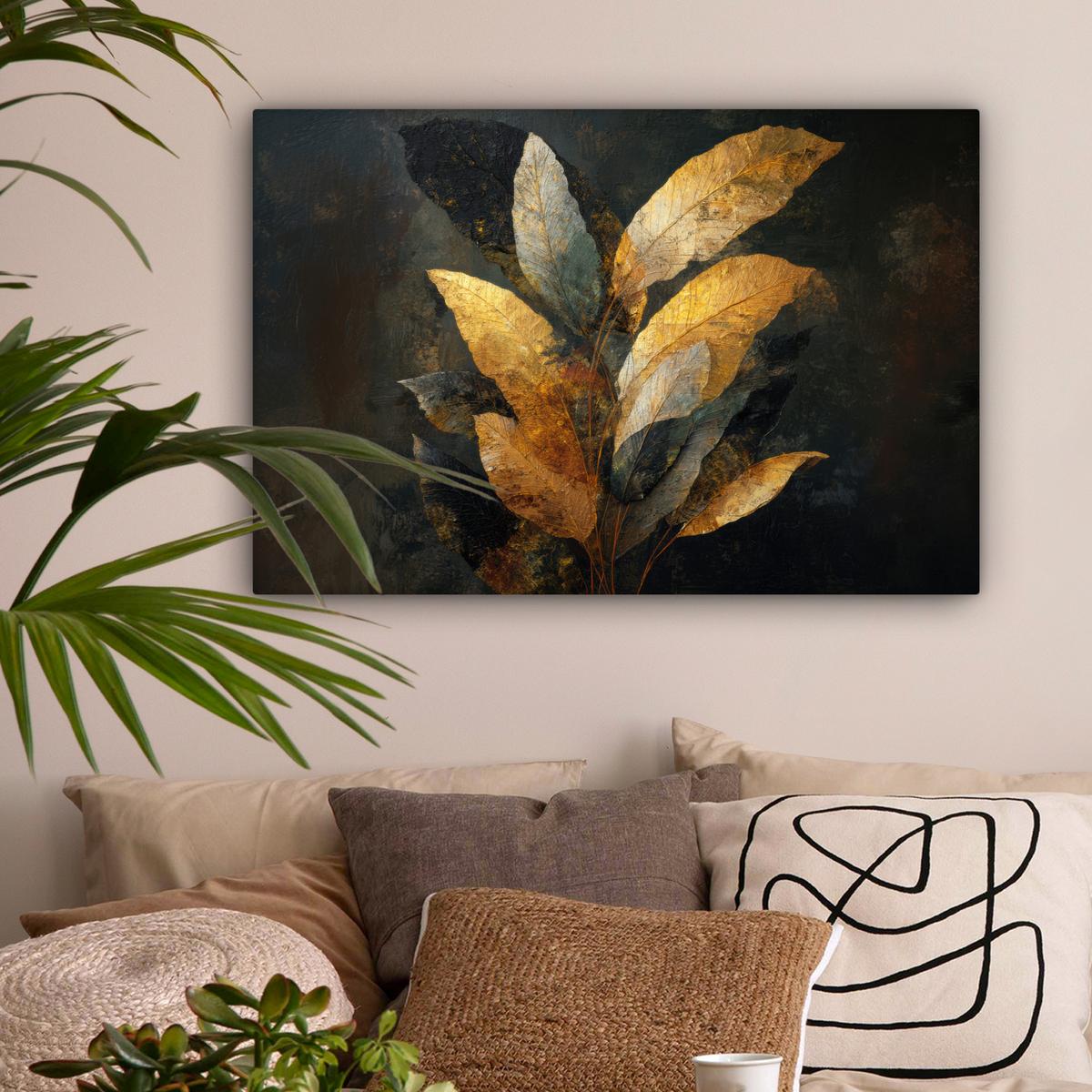 LEINWANDBILD Golden Leaf Komposition - Botanical Luxury Gemälde 60x40 cm - Goldfarben/Schwarz, Textil (60/40cm) - MuchoWow