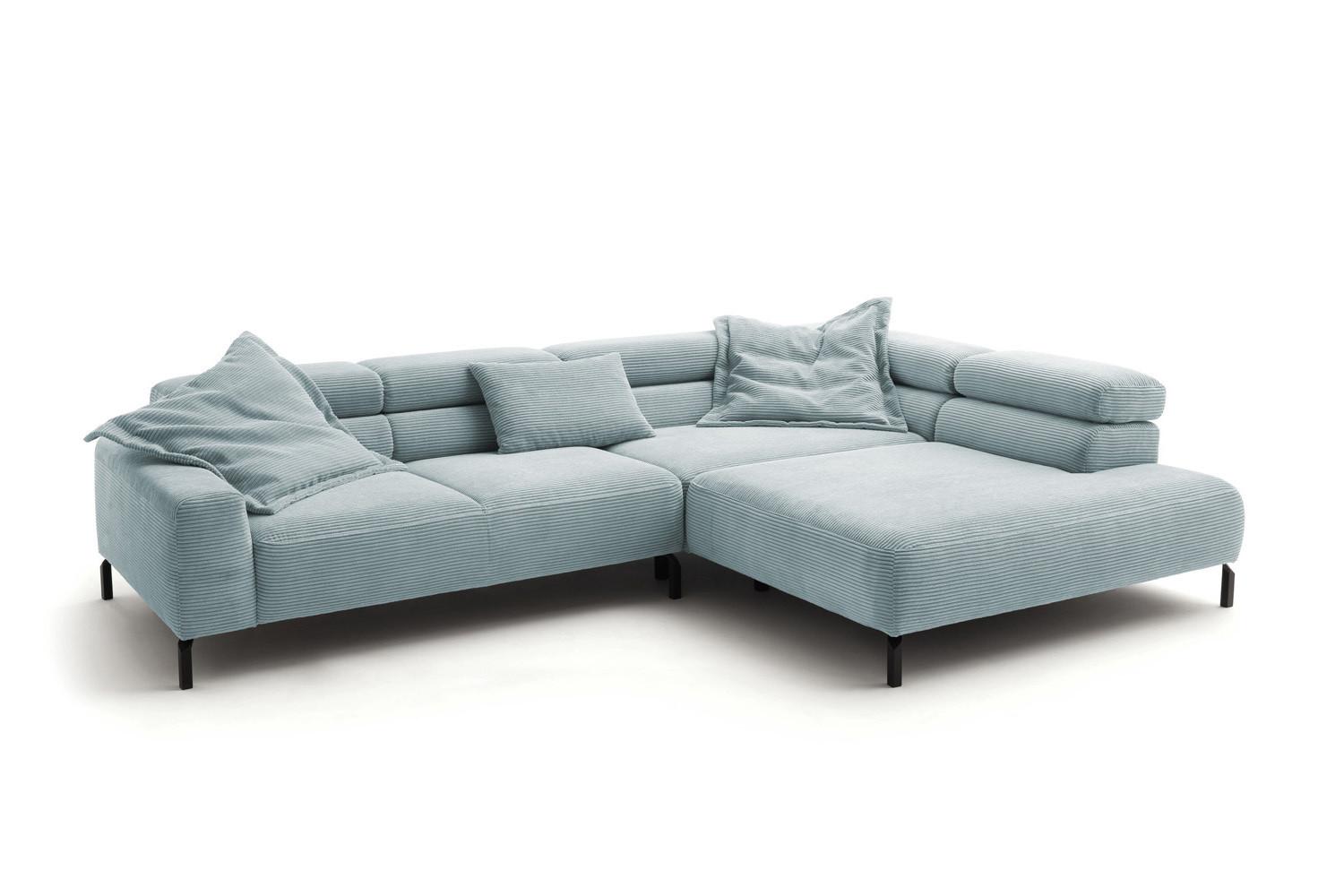 ECKSOFA DELIA Hellblau Cord Relaxfunktion - Schwarz/Hellblau, Textil/Metall (276/219cm) - KAWOLA