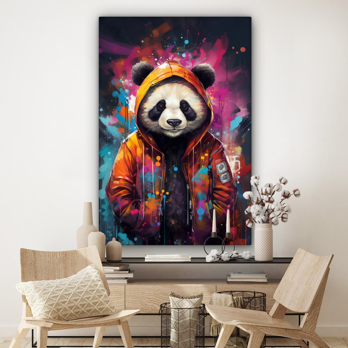 LEINWANDBILD Panda - Jacke - Graffiti - Orange Deko Groß 90x140 cm - Orange, Textil (90/140cm) - MuchoWow