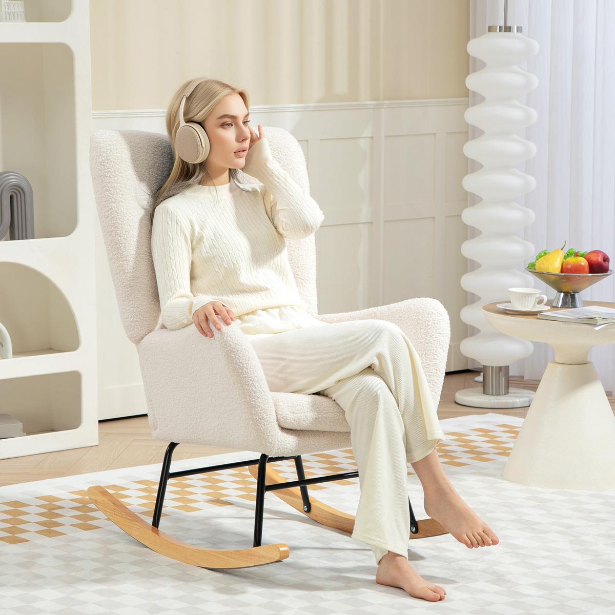 SCHAUKELSTUHL, Schaukelsessel mit Armlehne, Teddystoff-Optik, Cremeweiß - Creme/Naturfarben, Holz/Textil (69/100/92cm) - HOMCOM