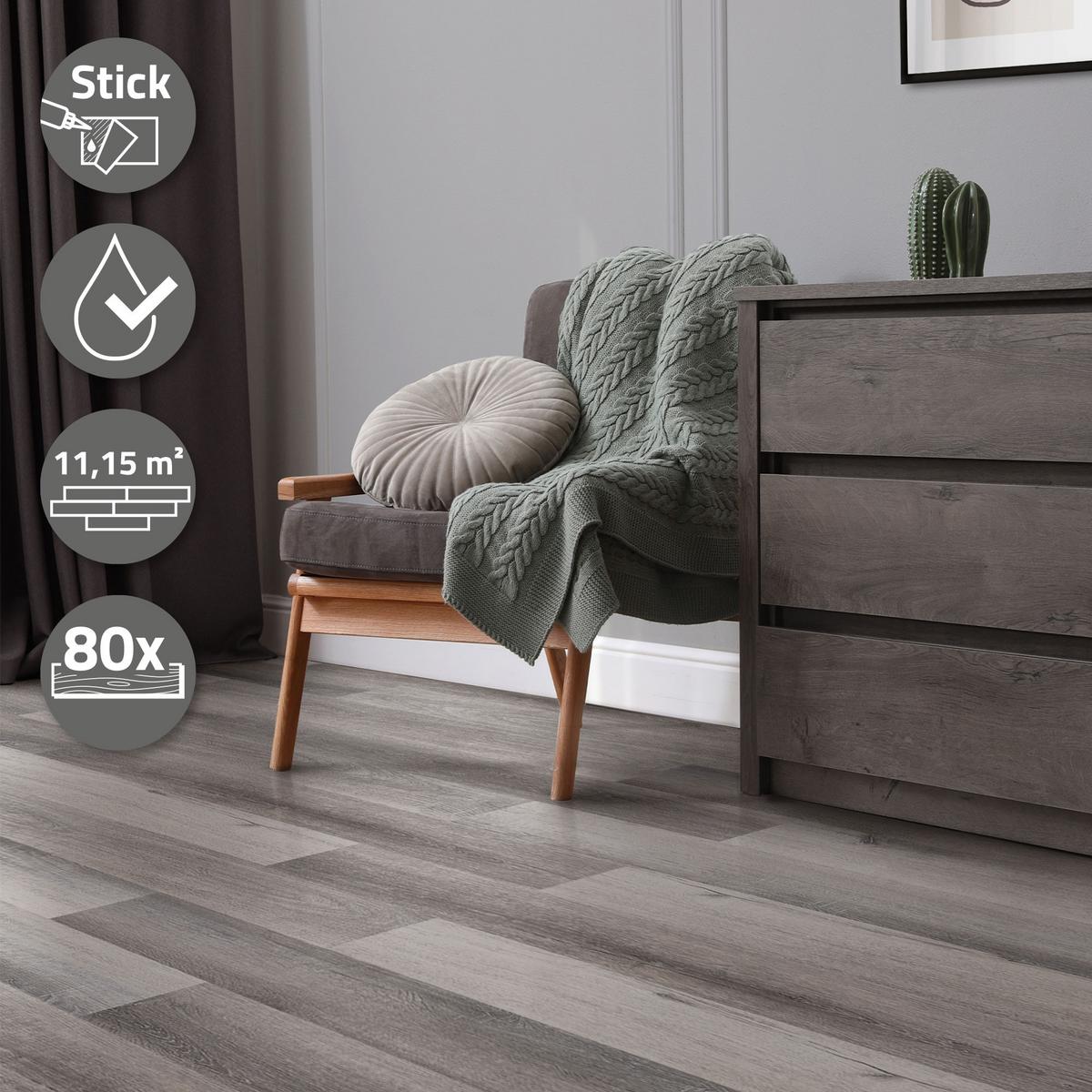VINYLBODEN selbstklebend 11,15m²/80 Dielen Kiefer Grau - Hellgrau, Kunststoff (91.5/15.3/0.2cm) - ML-DESIGN