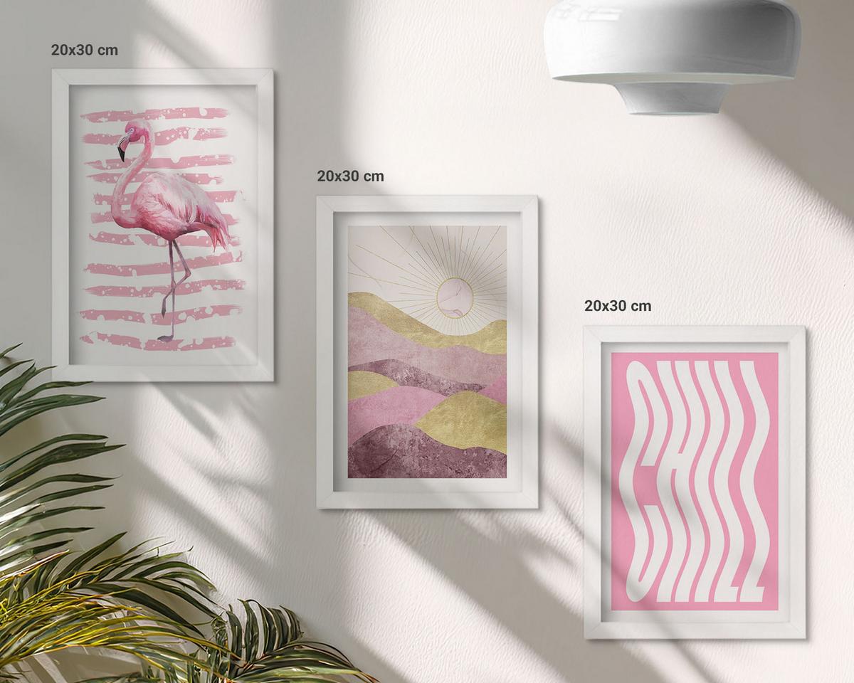 BILDER SET 3er Set - 20x30 cm Weißer Rahmen - Pastelllandschaft mit rosa Flamingos - Weiß, Kunststoff (20/30cm) - TULUP