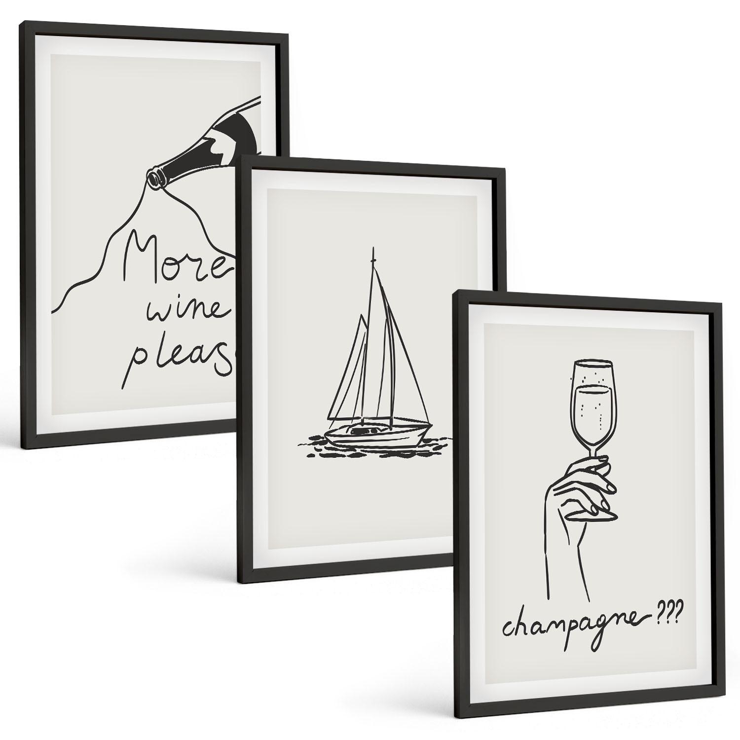 BILDER SET 3er Set - 40x60 cm Schwarzer Rahmen - Weinsegelboot-Glas-Linienzeichnung - Schwarz, Kunststoff (40/60cm) - TULUP