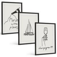 BILDER SET 3er Set - 40x60 cm Schwarzer Rahmen - Weinsegelboot-Glas-Linienzeichnung - Schwarz, Kunststoff (40/60cm) - TULUP
