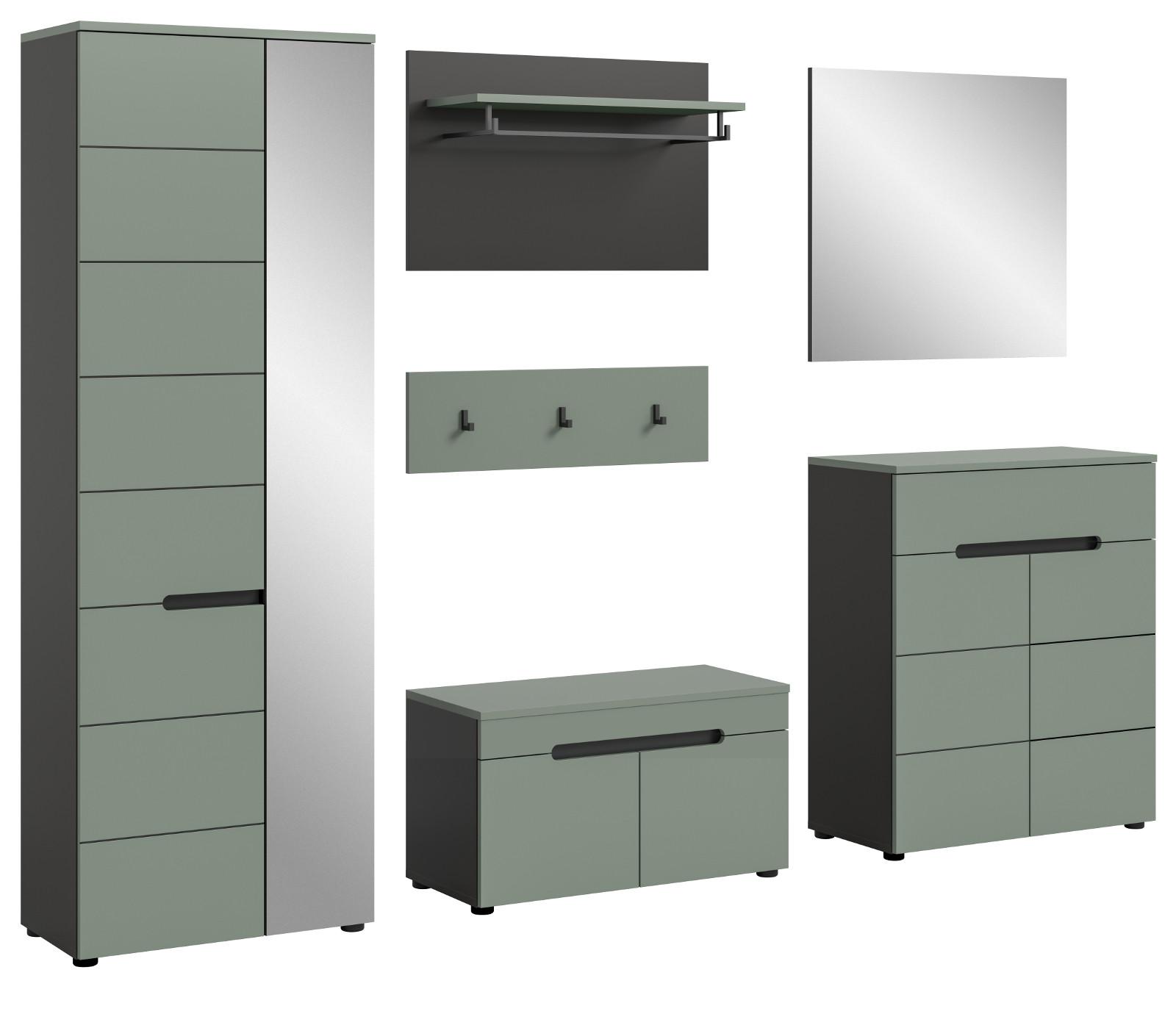 GARDEROBE SET 6-teilig Salbei Grün, Basalt Grau, Komplett-Set mit Soft-Close - Salbeigrün/Schwarz, Holzwerkstoff/Kunststoff (255/190/37cm) - Inn.Furn