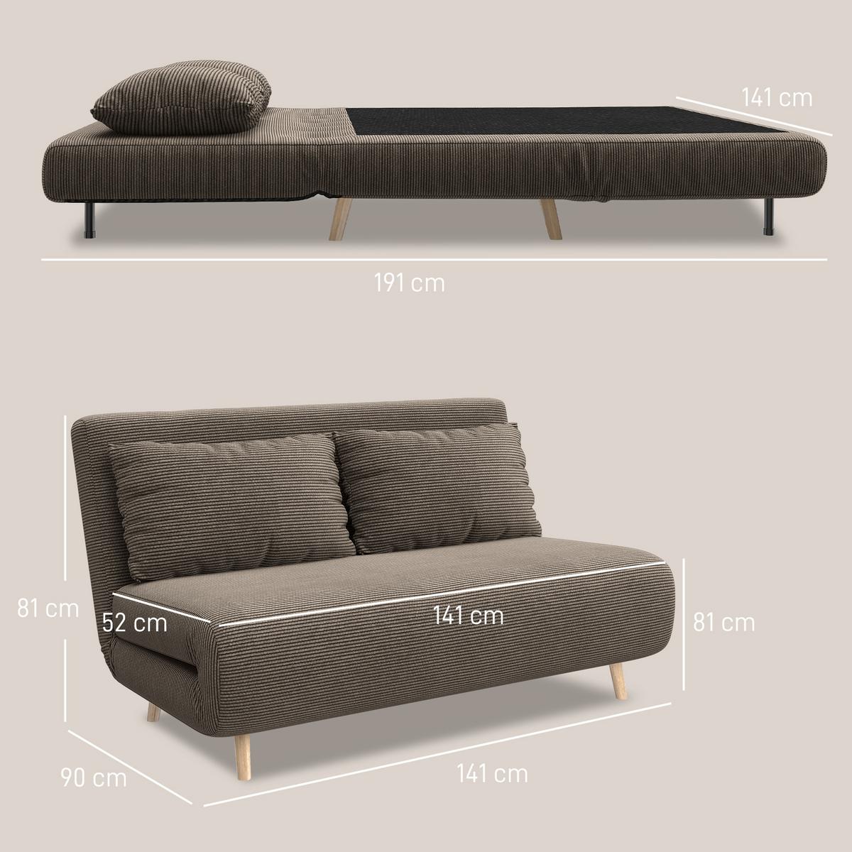 SCHLAFSOFA Polyester Buchenholz Kaffee-Braun - Buchefarben/Braun, Buchenholz/Textil (90/81/141cm) - HOMCOM