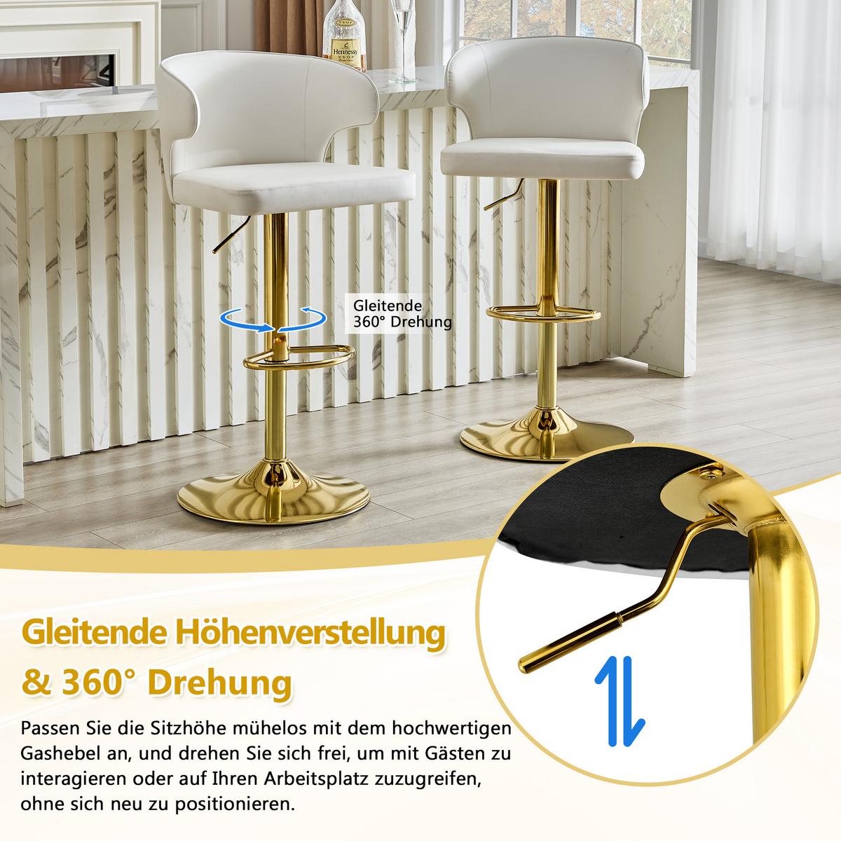 BARHOCKER 2er Set Weiß PU-Leder Höhenverstellbar mit Lehne & Fußstütze - Weiß, Leder (49.7/110/45cm) - Urban Meuble