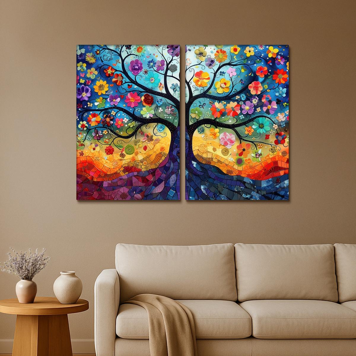 LEINWANDBILD 2er Set Bunt - Baum des Lebens - Blumen - Abstrakt 160x120 cm - Blau, Textil (160/120cm) - MuchoWow