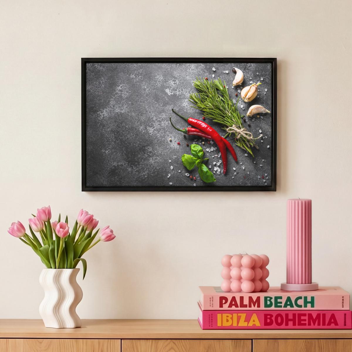 LEINWAND Bilder mit Rahmen - Pfeffer - Kräuter - Gewürze - Beton - 30x20 - Dunkelgrau, Textil (30/20cm) - MuchoWow