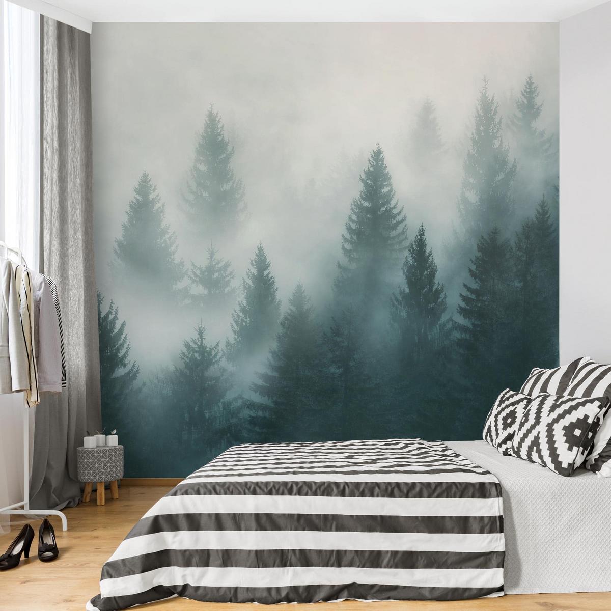FOTOTAPETE Nadelwald im Nebel 288/288 cm - Eichefarben, Papier (288/288cm) - Bilderwelten