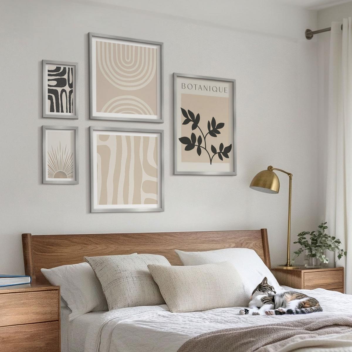 BILDER SET 5er Set - 50x50 cm & 20x30 cm & 40x60 cm Silberner Rahmen - Abstrakte Pflanzenmuster - Silberfarben, Kunststoff (40/60cm) - TULUP
