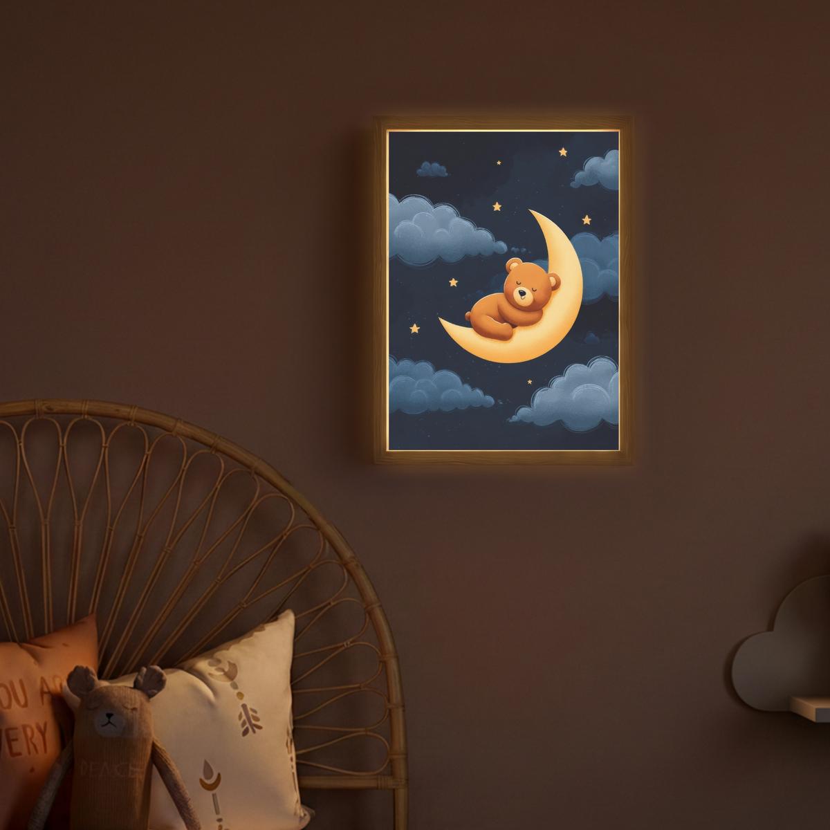 WANDLEUCHTE MIT AKKU Teddybär - Mond - Wolken - Sterne 30x40 cm - Dunkelblau, Holzwerkstoff (30/40/8cm) - OnlyWow