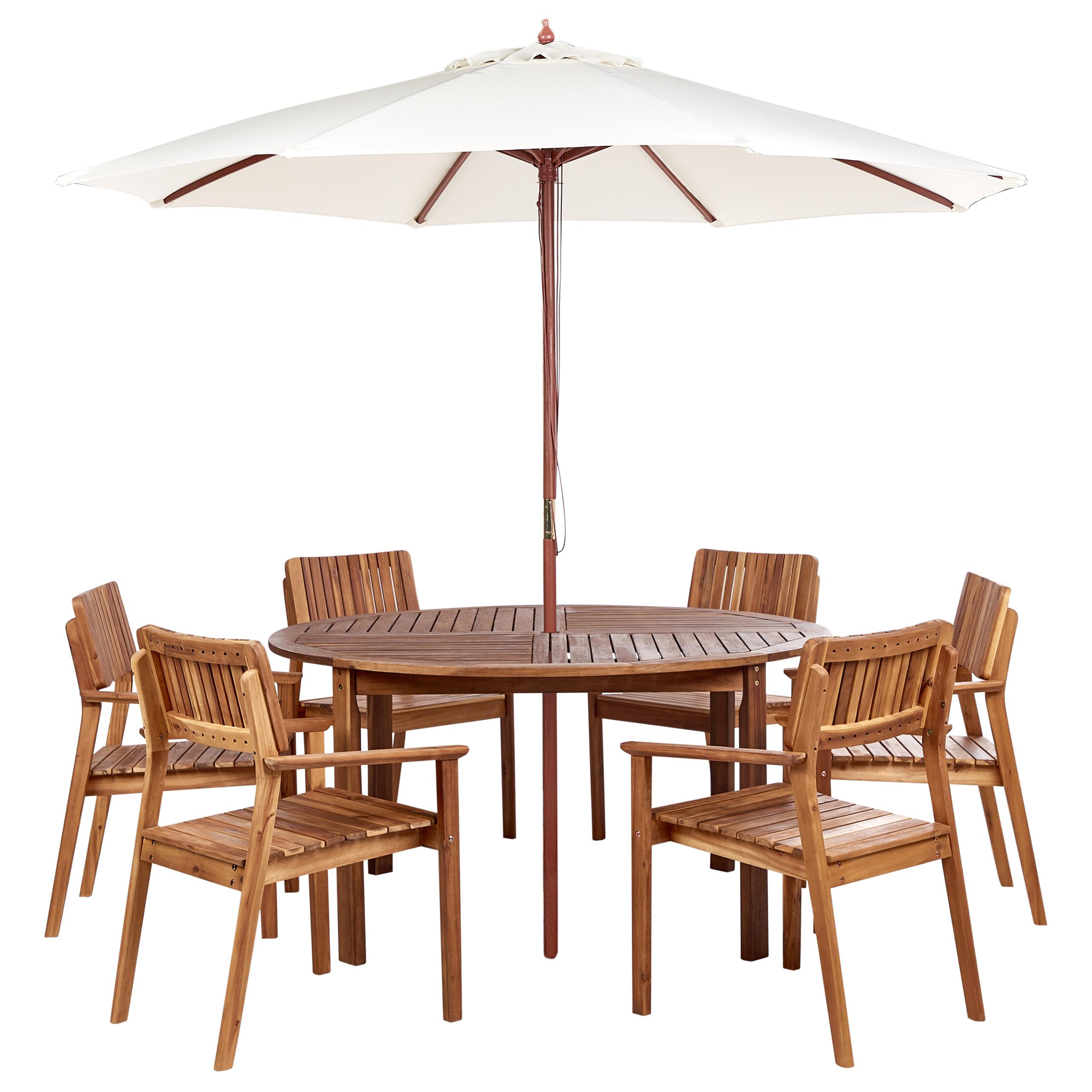 GARTENMÖBEL-SET 6-Sitzer Heller Holzfarbton mit Sonnenschirm Agello - Hellbraun/Beige, Holz - Beliani