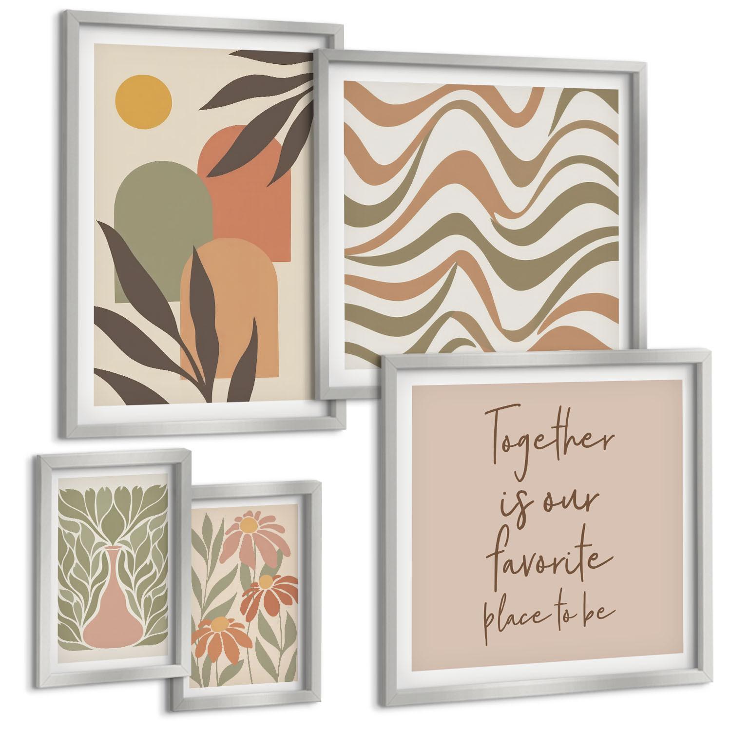 BILDER SET 5er Set - 50x50 cm & 20x30 cm & 40x60 cm Silberner Rahmen - Abstrakte Pastellblumen - Silberfarben, Kunststoff (40/60cm) - TULUP