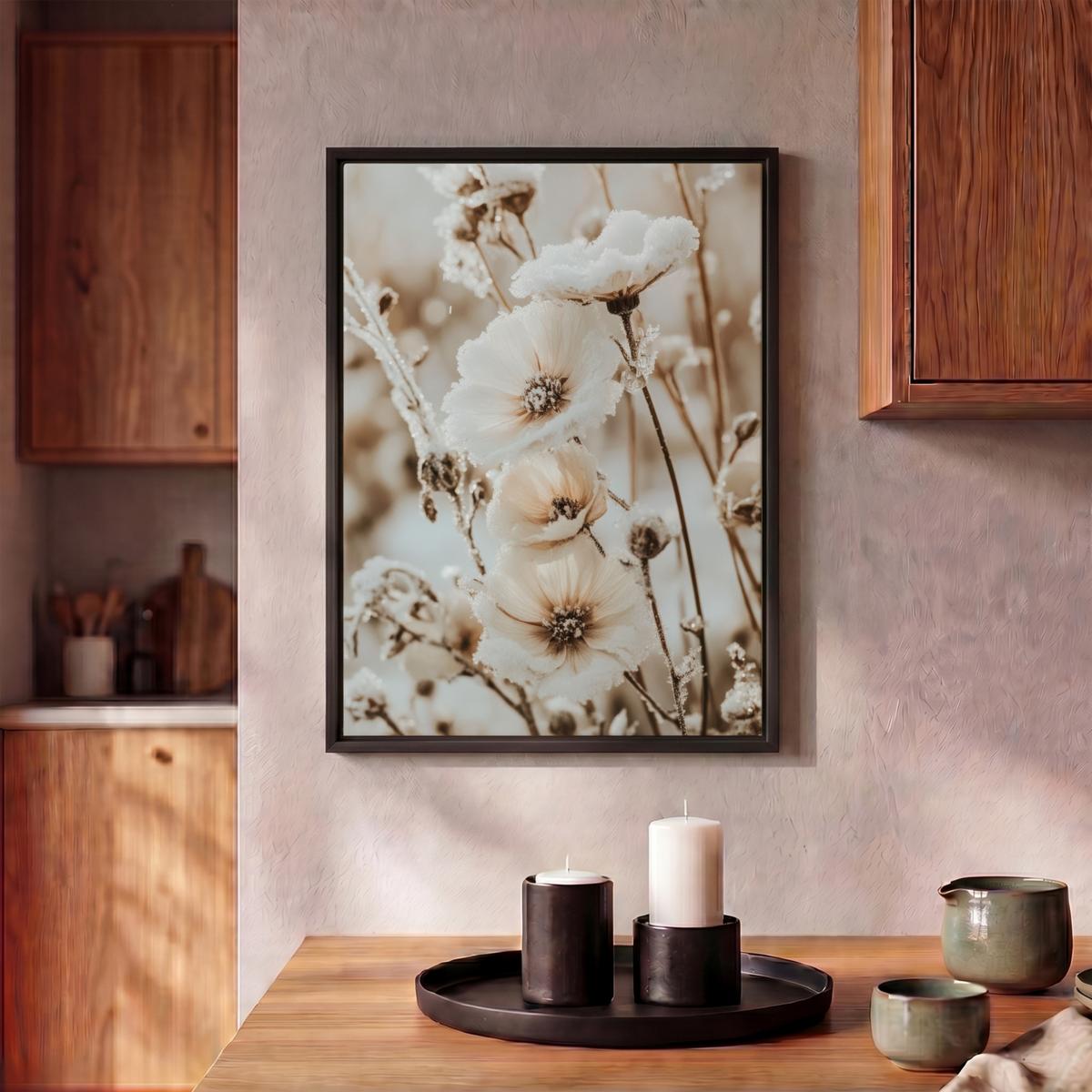 LEINWAND Bilder mit Rahmen - Blumen - Winter - Weiß - Schnee - Beige - 30x40 - Creme, Textil (30/40cm) - MuchoWow
