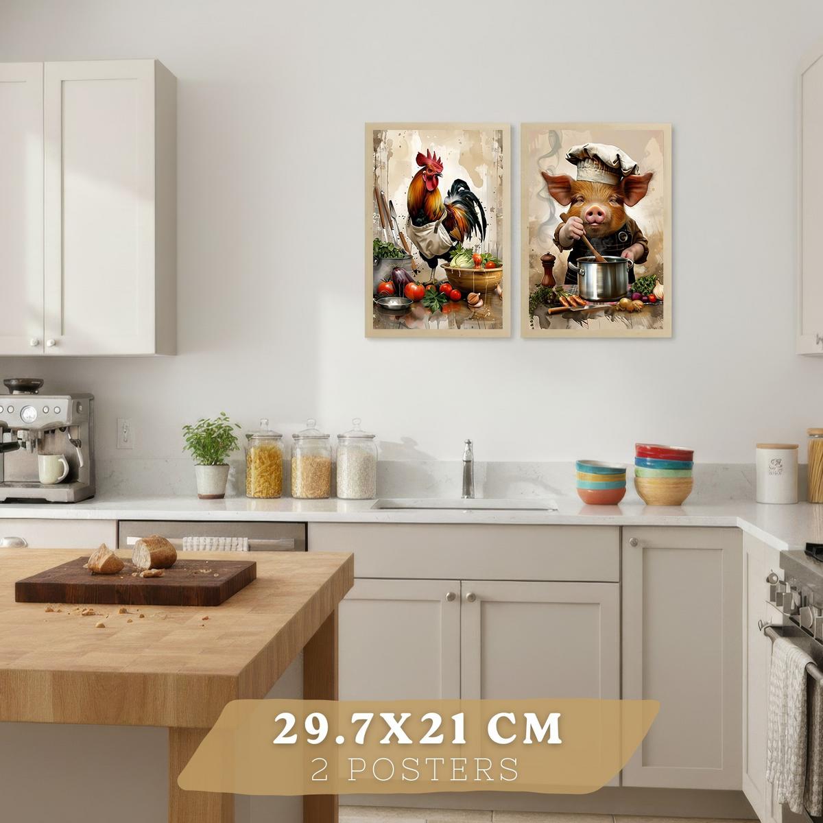 POSTER 2er Set Küchen-Wandbilder Hahn und Schwein Koch Aquarell Illustration Esszimmer Wanddeko Rahmenlos A4 - Beige, Papier (29.7/1/21cm) - Nacnic
