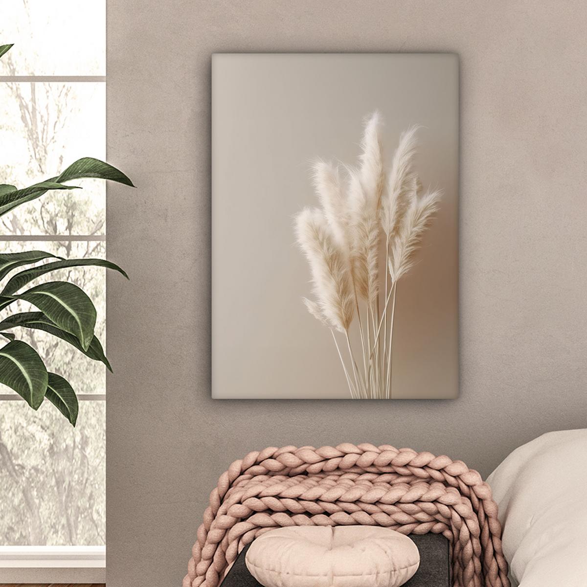 LEINWANDBILD Pampasgras - Federn - Pastell - Weiß Wandbild Wohnzimmer 60x80 cm - Naturfarben, Textil (60/80cm) - MuchoWow