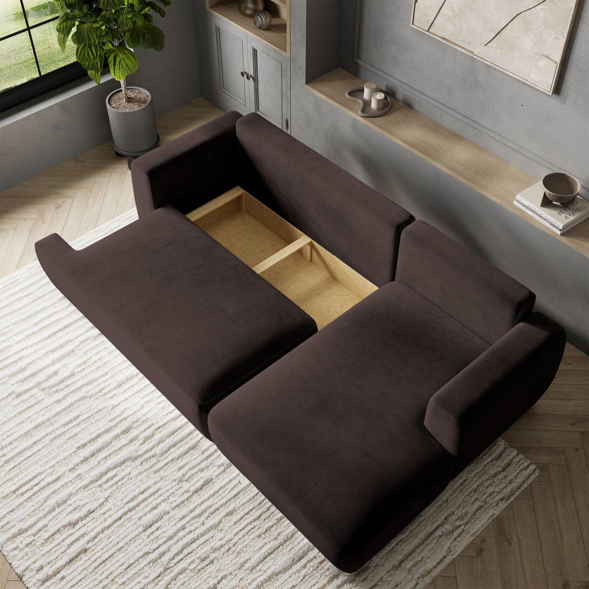 ECKSOFA SENTI K R-S Braun Plüsch-Stoff mit Schlaffunktion - Schwarz/Braun, Holz/Kunststoff (246/148cm) - MASSENO