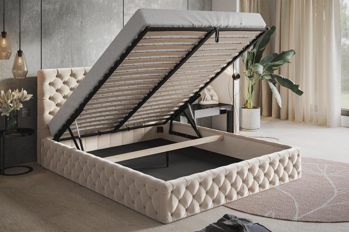 BETT 200x200 - Polsterbett mit Bettkasten und Metallrahmen - Elegant Betten - Weicher Jasminstoff - Kollektion Miami, Beige - Beige, Holz/Textil (200/200cm) - Alpi-Möbel