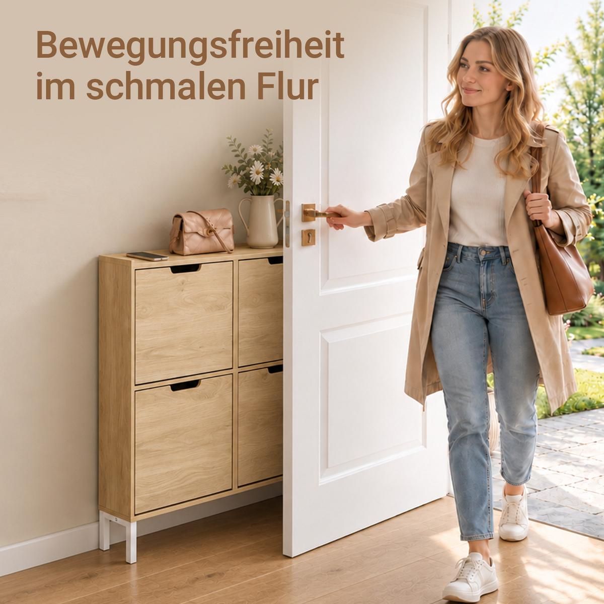 SCHUHSCHRANK, Natur, 100x91x19 cm, 4 Klappen, nur 19 cm tief, Flur & Diele - Naturfarben, Holzwerkstoff/Metall (100/90/19cm) - SoBuy