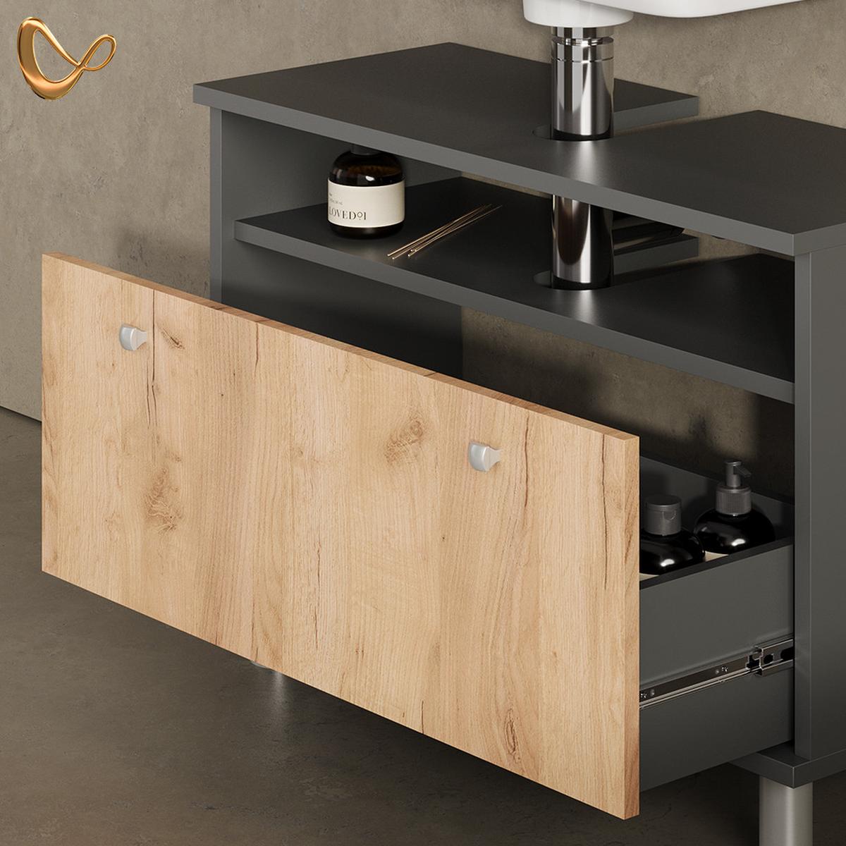 WASCHBECKENUNTERSCHRANK Fucino Anthrazit/Goldkraft Eiche 80.2 x 54 cm mit Schublade - Honigeiche/Anthrazit, Holzwerkstoff (80.2/54/32cm) - Livinity®