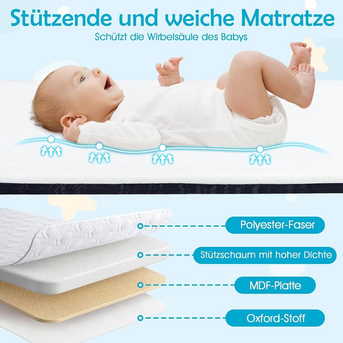 BABYWIEGE mit Matratze grau - Grau, Textil - COSTWAY