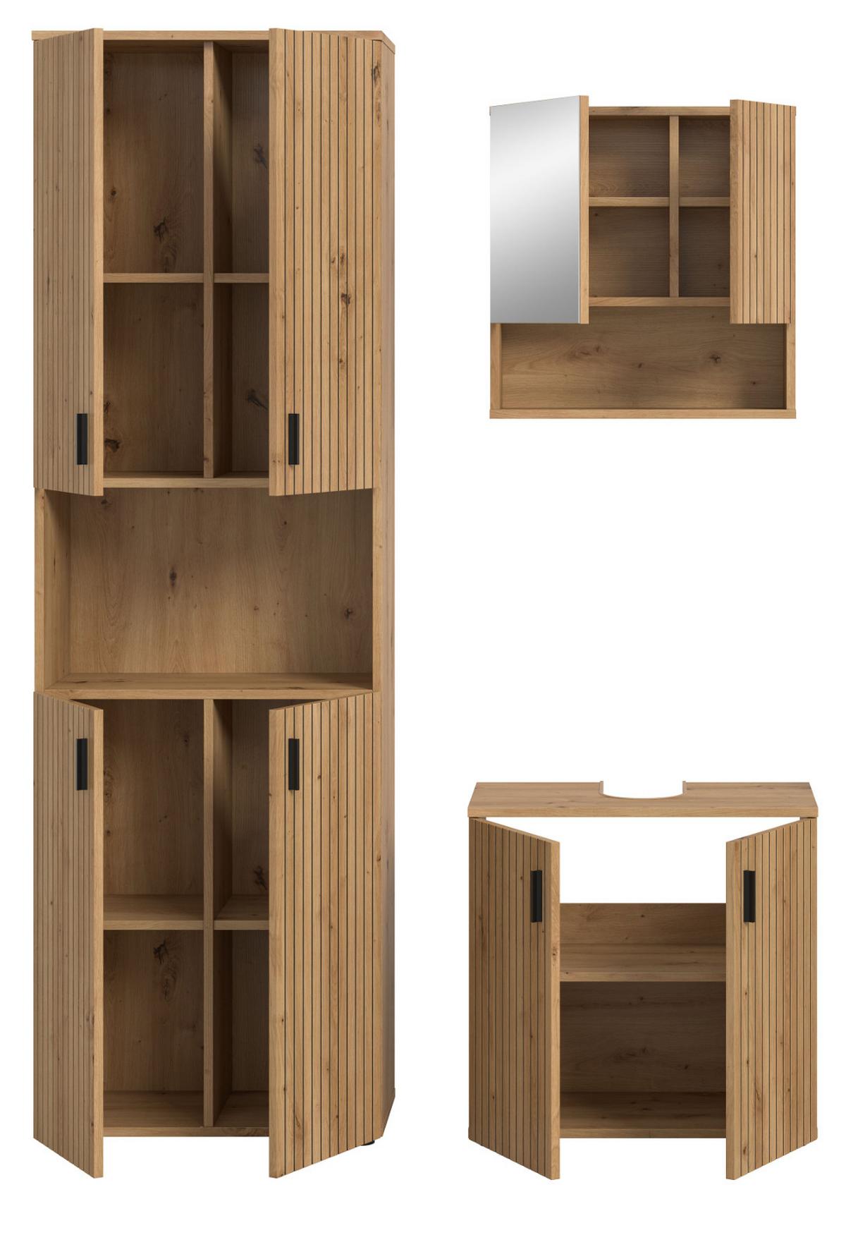 BADMÖBEL-SET Eiche 3-teilig 135 cm, Badezimmereinrichtung mit Rillen-Optik - Schwarz/Eiche Artisan, Glas/Holzwerkstoff (135/192/30cm) - Inn.Furn