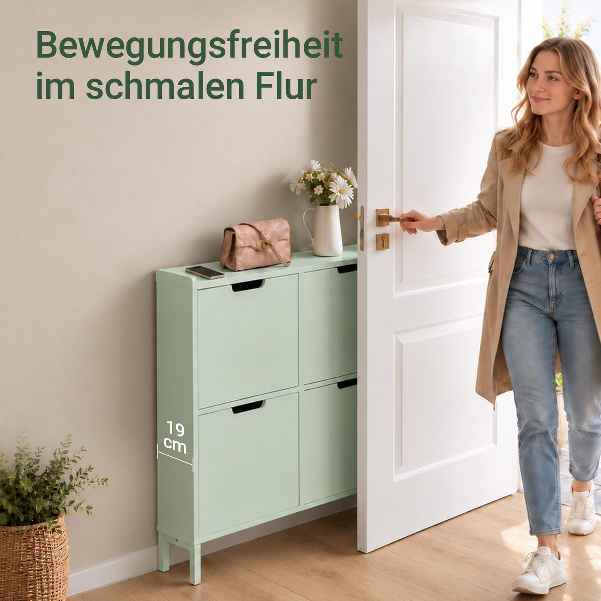 SCHUHSCHRANK grün, 100x91x19 cm, 4 Klappen für 8 Paar, nur 19 cm tief, Ablagefläche oben, für schmale Flure & hinter der Tür - Grün, Holzwerkstoff/Metall (100/91/19cm) - SoBuy