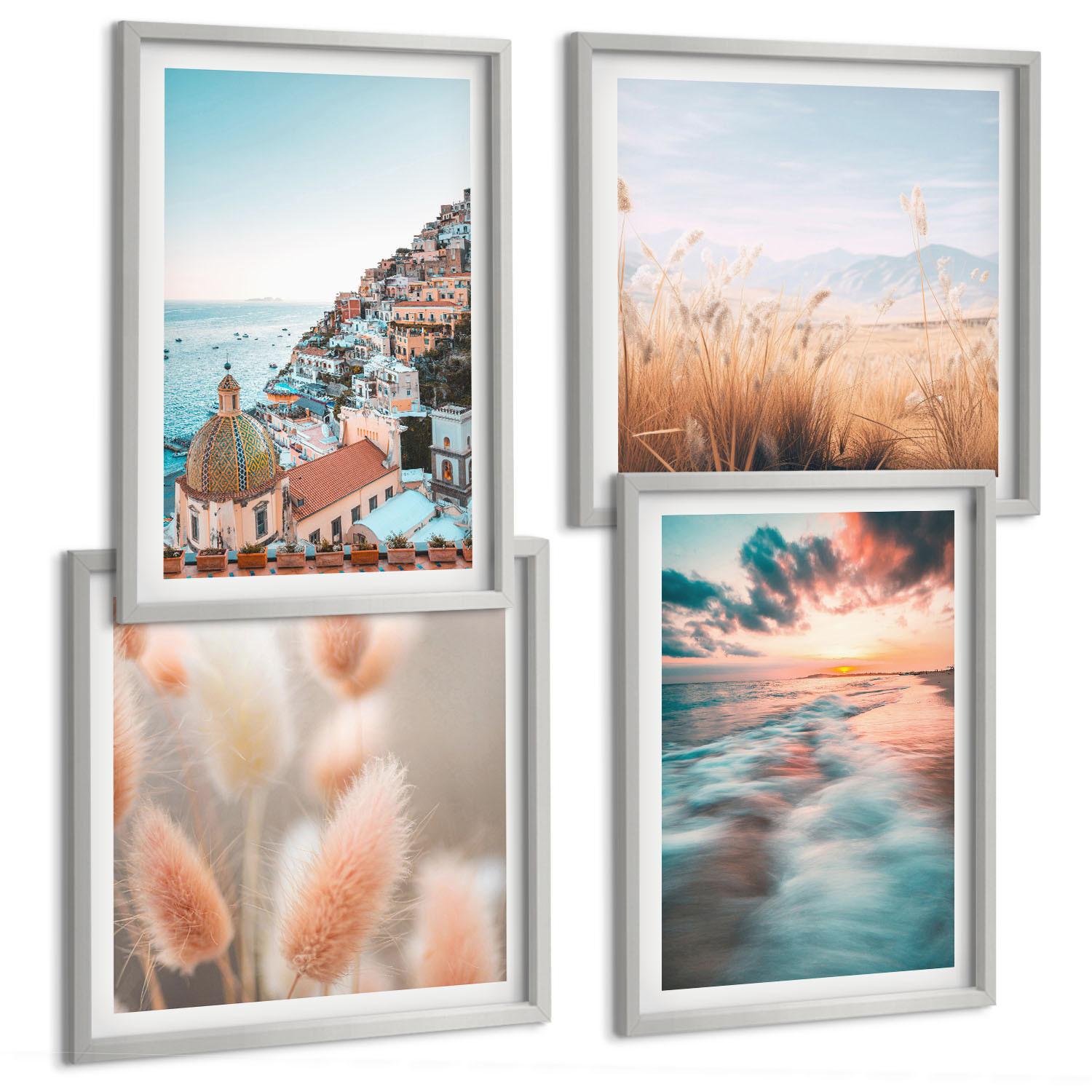 BILDER SET 4er Set - 50x50 cm & 40x60 cm Silberner Rahmen - Sonnenuntergang am Meer, Häuser, Blumen - Silberfarben, Kunststoff (50/50cm) - TULUP
