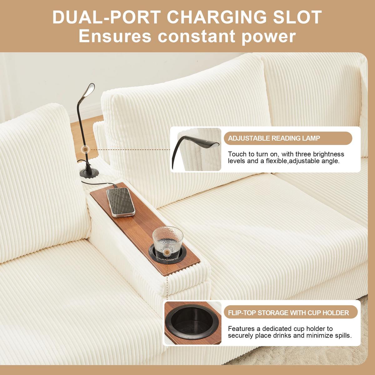 ECKSOFA aus Cord in Beige mit LED Beleuchtung & smarten USB-Anschlüssen - Beige, Textil (128/334cm) - Urban Meuble