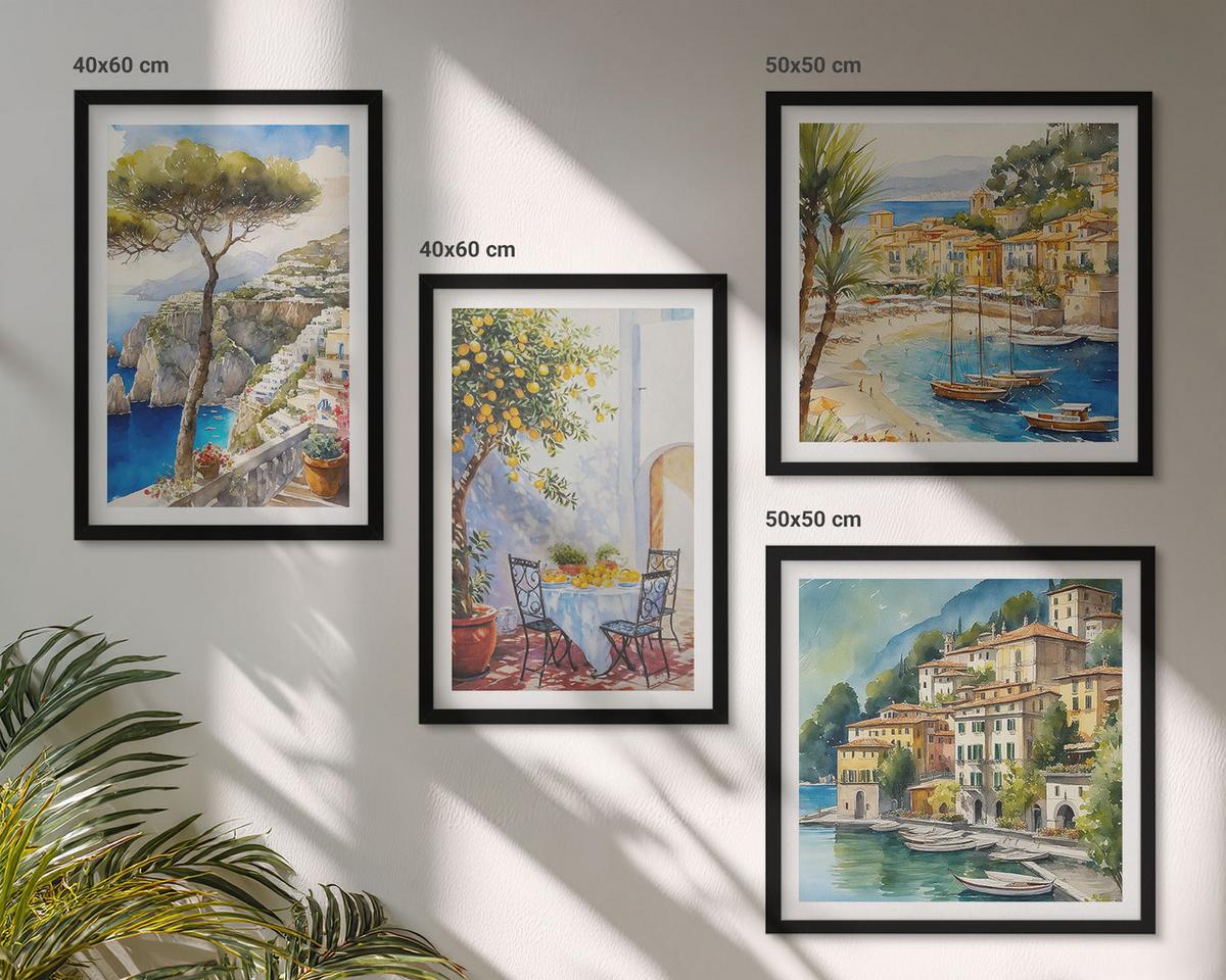 BILDER SET 4er Set - 50x50 cm & 40x60 cm Schwarzer Rahmen - Italienische Städte (Aquarell) - Schwarz, Kunststoff (50/50cm) - TULUP