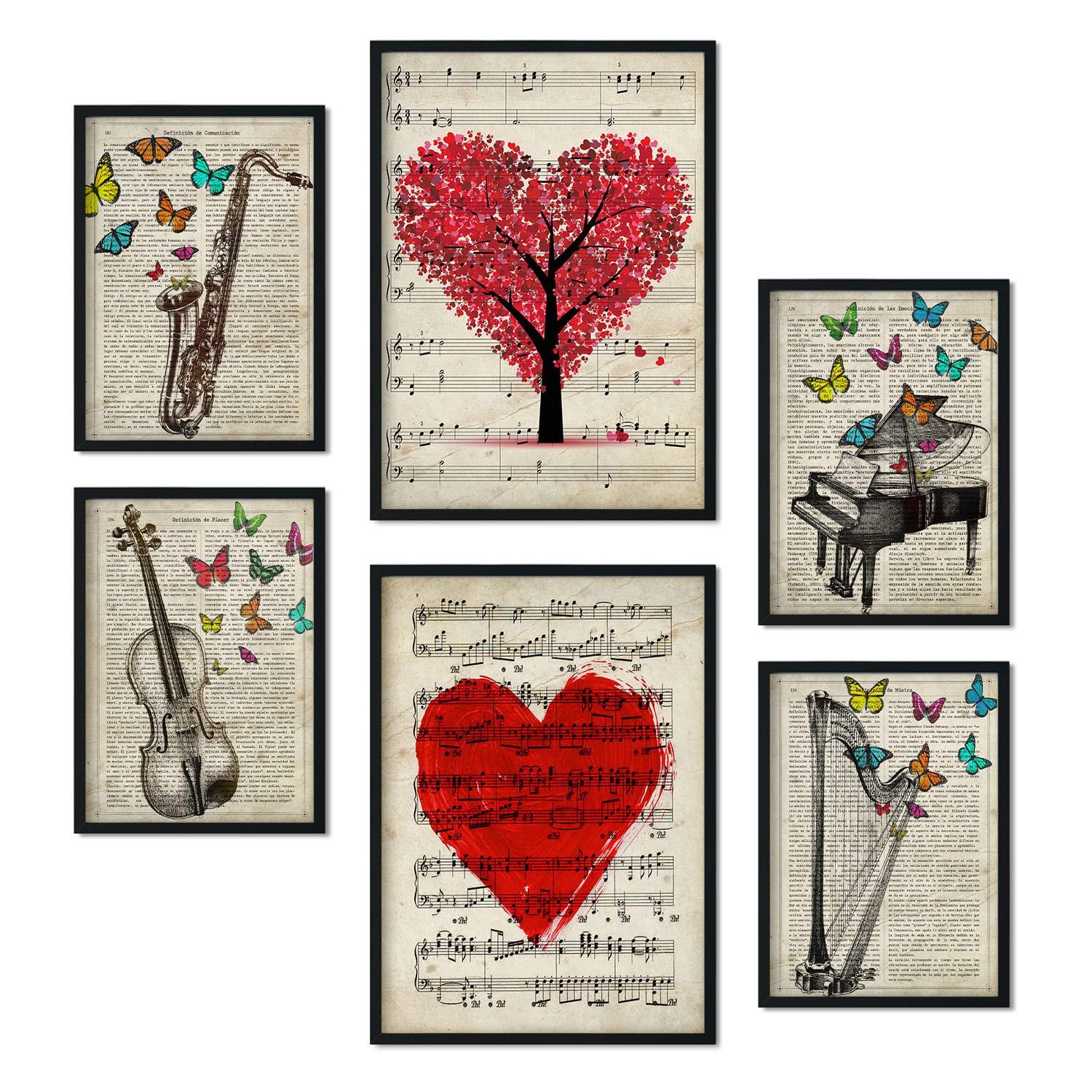 POSTER Set Mit 6 Vintage Musik Sammlung A3 & A4 Schwarzer Rahmen - Schwarz, Papier (29/3cm) - Nacnic