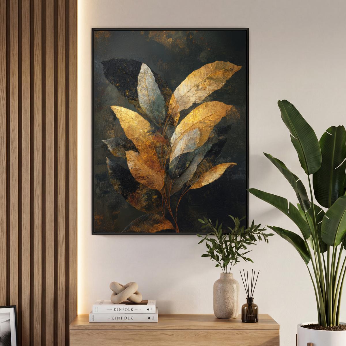 LEINWAND Bilder mit Rahmen - Golden Leaf Komposition - Botanical Luxury - 70x100 - Goldfarben, Textil (70/100cm) - MuchoWow