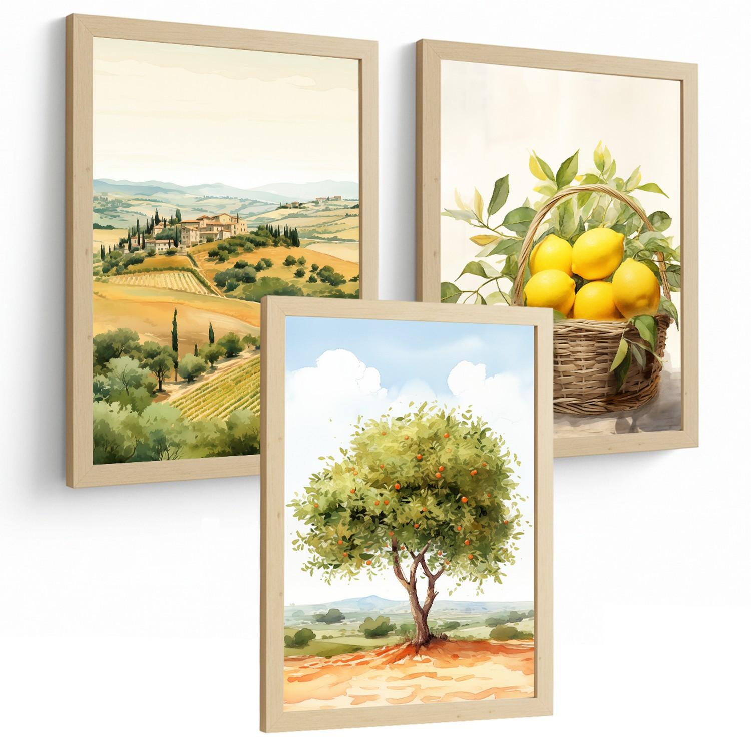 POSTER 3er Bilder-Set Wandbilder Landhaus Dorf Landschaft modern Wohnzimmer Deko, Schlafzimmer, Küche, Badezimmer Leichter Holzrahmen A4 - Beige, Papier (29.7/1/21cm) - Nacnic