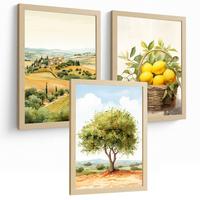 POSTER 3er Bilder-Set Wandbilder Landhaus Dorf Landschaft modern Wohnzimmer Deko, Schlafzimmer, Küche, Badezimmer Leichter Holzrahmen A4 - Beige, Papier (29.7/1/21cm) - Nacnic